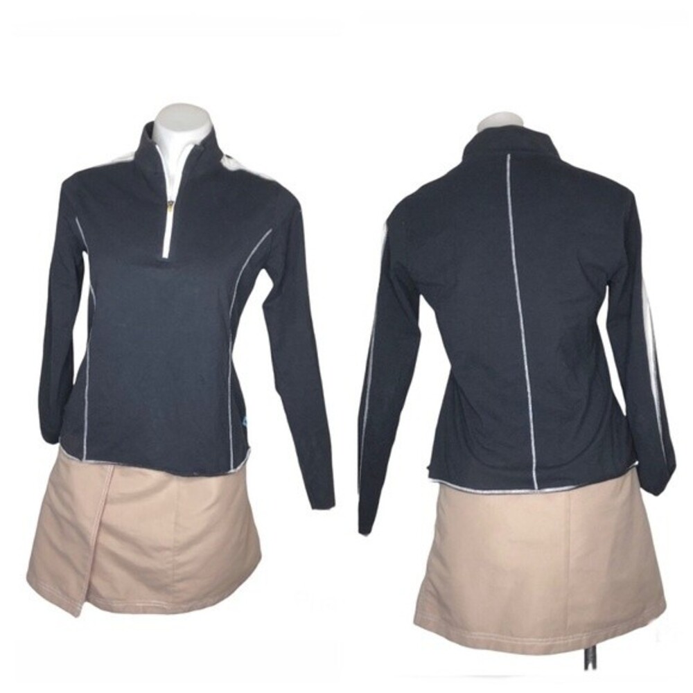 LL BEAN Athletic Pullover High Neck Quarter Zip Black White Exposed Seams Small - Picture 8 of 8